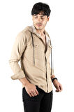DeepSEA Erkek Bej  Kapüşonlu Cepli Slim Fit Likralı Kot Gömlek 2300396