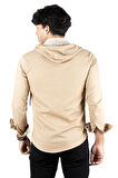 DeepSEA Erkek Bej  Kapüşonlu Cepli Slim Fit Likralı Kot Gömlek 2300396