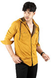 DeepSEA Erkek Hardal Sarısı Kapüşonlu Slim Fit Dar Kesim Gömlek Likralı Pamuklu Likralı Kot Gömlek 2300396