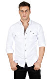 DeepSEA Erkek Beyaz Likralı İnce Fitilli Çıtçıtlı Çift Cepli Kot Gömlek 2300421