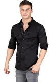 DeepSEA Erkek Siyah Likralı İnce Fitilli Çıtçıtlı Çift Cepli Kot Gömlek 2300421