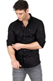 DeepSEA Erkek Siyah Likralı İnce Fitilli Çıtçıtlı Çift Cepli Kot Gömlek 2300421