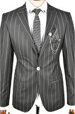 DeepSEA Erkek Siyah Slim Fit Çizgili Tek Düğme Tek Yırtmaç 2 Li Takım Elbise 2300101