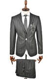 DeepSEA Erkek Siyah Slim Fit Çizgili Tek Düğme Tek Yırtmaç 2 Li Takım Elbise 2300101