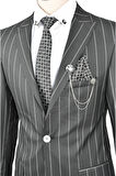 DeepSEA Erkek Siyah Slim Fit Çizgili Tek Düğme Tek Yırtmaç 2 Li Takım Elbise 2300101