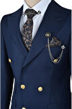 DeepSEA Erkek Koyu Lacivert Metal Düğmeli Cep Detaylı Slim Fit Kruvaze 2li Takım Elbise 2300325