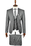 DeepSEA Erkek Gri Çift Düğme Çift Yırtmaç Çizgili Slim Fit 3 Lü Takım Elbise 2300162