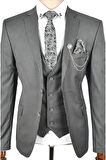 DeepSEA Erkek Gri Çift Düğme Çift Yırtmaç Çizgili Slim Fit 3 Lü Takım Elbise 2300162