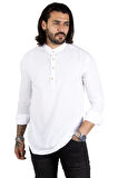 DeepSEA Erkek Beyaz Yarım Düğmeli Çizgili Hakim Yaka Ham Keten Uzun Kollu Gömlek 2201914