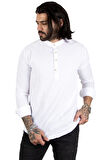 DeepSEA Erkek Beyaz Yarım Düğmeli Çizgili Hakim Yaka Ham Keten Uzun Kollu Gömlek 2201914