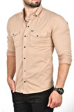 DeepSEA Erkek Kahve Slim Fit Dar Kesim Pamuklu Spor Gömlek Çıtçıtlı Likralı Gabardin Gömlek 2300421