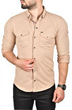 DeepSEA Erkek Kahve Slim Fit Dar Kesim Pamuklu Spor Gömlek Çıtçıtlı Likralı Gabardin Gömlek 2300421