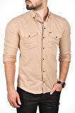 DeepSEA Erkek Kahve Slim Fit Dar Kesim Pamuklu Spor Gömlek Çıtçıtlı Likralı Gabardin Gömlek 2300421