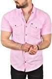 DeepSEA Erkek Pembe Slim Fit Pamuklu Likralı Kısa Kol Gömlek Kolay Ütülenebilir Çıt Çıtlı Cepli Spor Gömlek 2400253