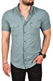 DeepSEA Erkek Yeşil Slim Fit Pamuklu Likralı Kısa Kol Gömlek Kolay Ütülenebilir Çıt Çıtlı Cepli Spor Gömlek 2400253