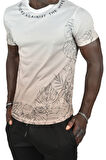 DeepSEA Erkek Bej Yakası Yazılı Dijital Baskılı Batik Yıkama Slim Fit Tişört 2403210