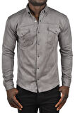 DeepSEA Erkek Füme Kırışmayan Süet Kumaş ÇıtÇıtlı Cepli Slim Fit Mevsimlik Gömlek 2302329