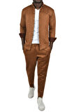 DeepSEA Erkek Kahve Likralı Çıtçıtlı Kırışmayan Süet Kumaş Slim Fit Cepsiz Mevsimlik Gömlek 2500556