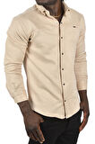 DeepSEA Erkek Krem Likralı Çıtçıtlı Kırışmayan Süet Kumaş Slim Fit Cepsiz Mevsimlik Gömlek 2500556