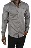 DeepSEA Erkek Füme Likralı Çıtçıtlı Kırışmayan Süet Kumaş Slim Fit Cepsiz Mevsimlik Gömlek 2500556