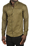 DeepSEA Erkek Haki Likralı Çıtçıtlı Kırışmayan Süet Kumaş Slim Fit Cepsiz Mevsimlik Gömlek 2500556