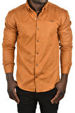 DeepSEA Erkek Taba Likralı Çıtçıtlı Kırışmayan Süet Kumaş Slim Fit Cepsiz Mevsimlik Gömlek 2500556