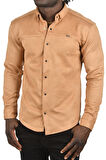 DeepSEA Erkek Camel Likralı Çıtçıtlı Kırışmayan Süet Kumaş Slim Fit Cepsiz Mevsimlik Gömlek 2500556