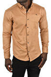 DeepSEA Erkek Camel Likralı Çıtçıtlı Kırışmayan Süet Kumaş Slim Fit Cepsiz Mevsimlik Gömlek 2500556