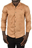 DeepSEA Erkek Camel Likralı Çıtçıtlı Kırışmayan Süet Kumaş Slim Fit Cepsiz Mevsimlik Gömlek 2500556
