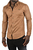 DeepSEA Erkek Açık Kahve Likralı Çıtçıtlı Kırışmayan Süet Kumaş Slim Fit Cepsiz Mevsimlik Gömlek 2500556