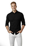 DeepSEA Erkek Siyah Likralı Kumaşı Fitilli Slim Fit Uzun Kollu Gömlek 2500805