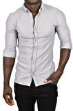 DeepSEA Erkek Gri Likralı Kumaşı Fitilli Slim Fit Uzun Kollu Gömlek 2500805