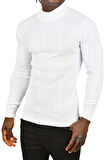 DeepSEA Erkek Beyaz Yarım Balıkçı Yaka Çizgili Tüylenmeyen Slim Fit Triko Kazak 2505491