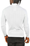 DeepSEA Erkek Beyaz Yarım Balıkçı Yaka Çizgili Tüylenmeyen Slim Fit Triko Kazak 2505491