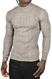 DeepSEA Erkek Vizon Yarım Balıkçı Yaka Çizgili Tüylenmeyen Slim Fit Triko Kazak 2505491