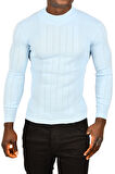 DeepSEA Erkek Bebe Mavisi Yarım Balıkçı Yaka Çizgili Tüylenmeyen Slim Fit Triko Kazak 2505491