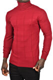 DeepSEA Erkek Bordo Kare Desenli Balıkçı Yaka Slim Fit Boğazlı Triko Kazak 2505493