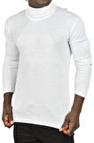 DeepSEA Erkek Beyaz Tam Balıkçı Yaka Yanları Desenli Slim Fit Boğazlı Triko Kazak 2505495