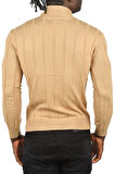 DeepSEA Erkek Camel Slim Fit Likralı Tüylenme Yapmayan Yarım Balıkçı Çizgili Triko Yarım Boğazlı Kazak 2505503