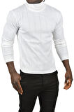 DeepSEA Erkek Beyaz Slim Fit Likralı Tam Balıkçı Yaka Çizgili Boğazlı Kazak 2505504