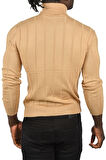DeepSEA Erkek Camel Slim Fit Likralı Tam Balıkçı Yaka Çizgili Boğazlı Kazak 2505504