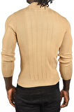 DeepSEA Erkek Camel Yarım Balıkçı Yaka Çizgili Tüylenmeyen Slim Fit Triko Kazak 2505491