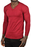 DeepSEA Erkek Bordo Slim Fit V Yaka Basic Triko İnce Kazak 2505494