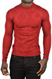DeepSEA Erkek Bordo DeepSEA Baklava Desenli Slim Fit Yarım Balıkçı Yaka Triko Boğazlı Kazak 2505511