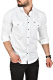 DeepSEA Erkek Beyaz Slim Fit Kolay Ütülenebilir Pamuklu Spor Gömlek Likralı Kot Gömlek 2502505