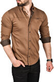 DeepSEA Erkek Kahve Slim Fit Pamuklu Kot Gömlek Kolay Ütülenebilir Çıt Çıtlı Likralı Spor Gömlek 2502504