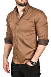 DeepSEA Erkek Kahve Slim Fit Pamuklu Kot Gömlek Kolay Ütülenebilir Çıt Çıtlı Likralı Spor Gömlek 2502504