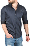DeepSEA Erkek Lacivert Slim Fit Pamuklu Kot Gömlek Kolay Ütülenebilir Çıt Çıtlı Likralı Spor Gömlek 2502504