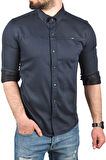 DeepSEA Erkek Lacivert Slim Fit Pamuklu Kot Gömlek Kolay Ütülenebilir Çıt Çıtlı Likralı Spor Gömlek 2502504