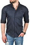 DeepSEA Erkek Lacivert Slim Fit Pamuklu Kot Gömlek Kolay Ütülenebilir Çıt Çıtlı Likralı Spor Gömlek 2502504